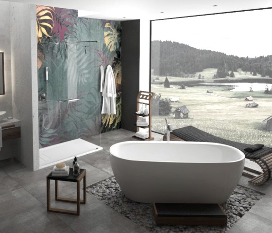 Freistehende Monolith Wanne iSensi aus Acryl, Duschabtrennung One&One mit Mineralguss-Duschwanne SOLA, Mineralguss-Waschbecken NAMUR, © HOESCH Design GmbH Freistehende Monolith Wanne iSensi aus Acryl, Duschabtrennung One&One mit Mineralguss-Duschwanne SOLA, Mineralguss-Waschbecken NAMUR, © HOESCH Design GmbH