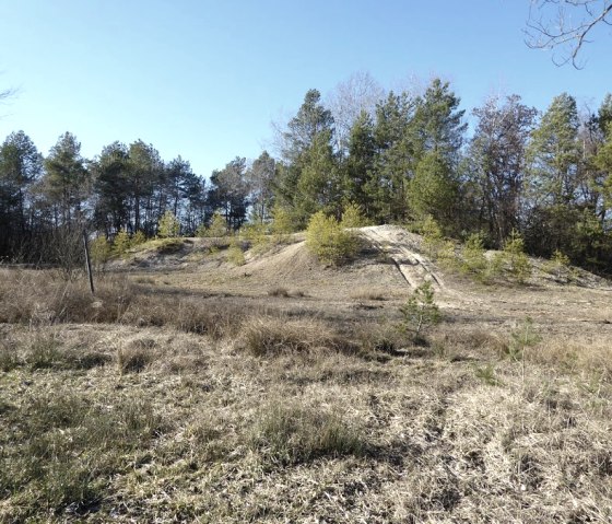Sandiger Hügel in einer offenen Landschaft, umgeben von Bäumen. Der Himmel ist klar und blau., © Eifelverein OG Speicher Sandiger Hügel in einer offenen Landschaft, umgeben von Bäumen. Der Himmel ist klar und blau., © Eifelverein OG Speicher