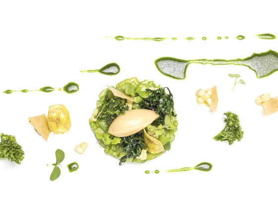 Kochkunst im Sterne-Restaurant: Hamachi Schwarzkohl Banane, &copy; Landlust Burg Flamersheim