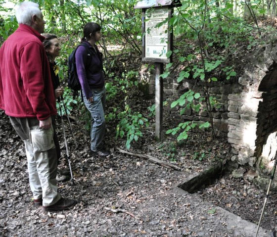Vier Wanderer stehen vor einer Infotafel und einem alten Tunnel am Römerkanal-Wanderweg im Wald., © Wandermagazin/ N. Glatter